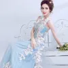 Chic / Beautiful Sky Blue Evening Dresses  2017 A-Line / Princess U-Neck Appliques Backless Embroidered Tulle Evening Party Prom Dresses