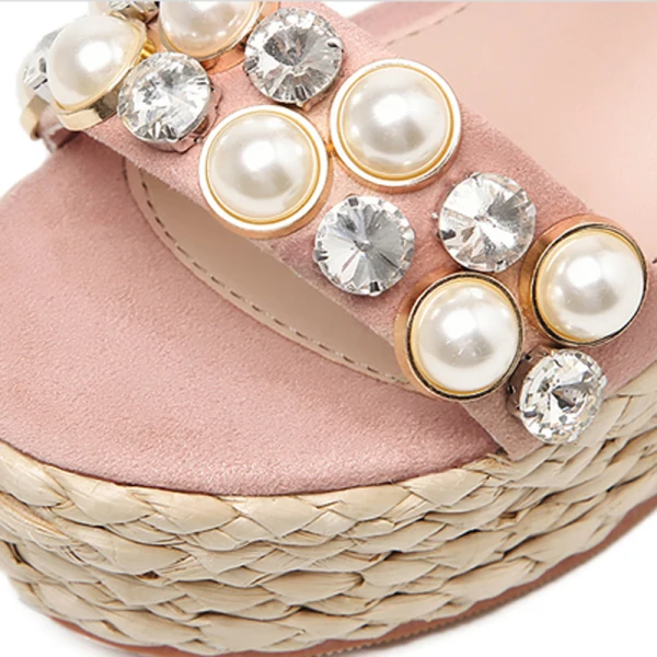 Chic / Beautiful Candy Pink 2018 Beach Sandals Casual Leather Beading Pearl Thick Heels 10 cm Pointed Toe Womens Shoes