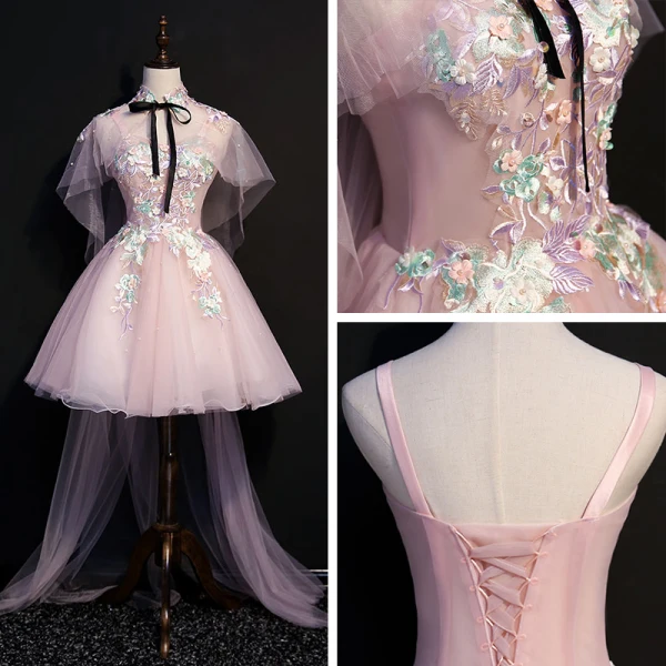 Classic Elegant Blushing Pink Watteau Train Graduation Dresses 2018 A-Line / Princess Tulle Appliques Backless Beading Strapless With Shawl Homecoming Formal Dresses