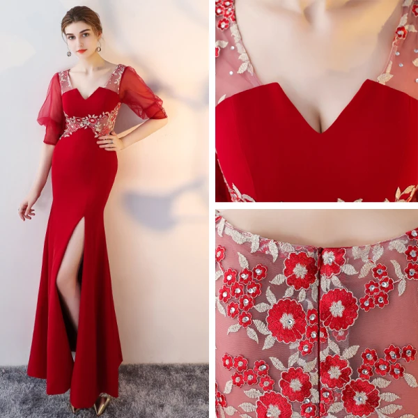 Amazing / Unique Red Floor-Length / Long Evening Dresses 2018 Trumpet / Mermaid V-Neck Charmeuse Lace-up Beading Backless Embroidered Formal Dresses