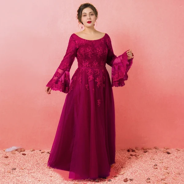 Amazing / Unique Burgundy Plus Size Prom Dresses 2018 A-Line / Princess  Long Sleeve Lace-up U-