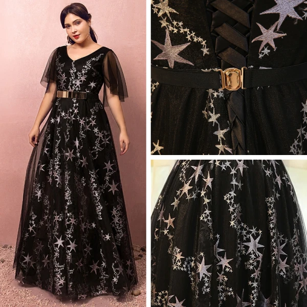 Chic / Beautiful Black Plus Size Prom Dresses 2018 A-Line / Princess Tulle V-Neck Star Backless Printing Embroidered Evening Party Evening Dresses