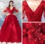 Amazing / Unique Red Floor-Length / Long Prom Dresses 2018 1/2 Sleeves V-Neck Tulle Ball Gown Embroidered Appliques Backless Beading Prom Evening Dresses