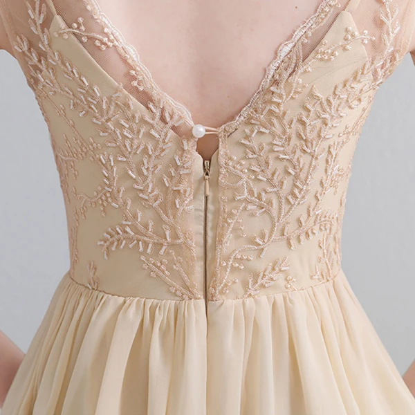 Charming Sexy Floor-Length / Long Champagne Evening Dresses 2018 Zipper Up V-Neck Chiffon Lace-up Appliques Backless Beading Formal Dresses