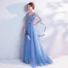 Chic / Belle Bleu Ciel Robe De Bal 2017 Princesse Tulle V-Cou Appliques Dos Nu Perlage Promo Robe De Ceremonie