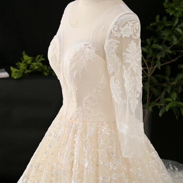 Luxury / Gorgeous Champagne Ball Gown Wedding Dresses 2021 Crossed Straps U-Neck Long Sleeve Lace Tulle Appliques Backless Beading Pearl Sequins Cathedral Train Wedding