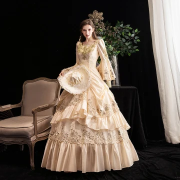 Vintage Lyx Medeltida Champagne Formella Klänningar 2021 Långärmad U Hals Långa 3d Spets Beading Paljetter Cosplay Bal Balklänning Balklänningar
