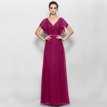 Simple Bordeaux Robe De Mère De Mariée 2020 Princesse Longue Manches Courtes V Cou Gonflée Tulle Mariage Soirée Robe Pour Mariage