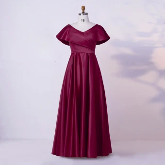 Modest Simple Burgundy Plus Size Evening Dresses 2020 A Line Princess V Neck Floor Length Long Short Sleeve Crossed Straps Handmade Solid Color Satin Evening Party Formal Dresses