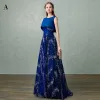 Chic / Beautiful Sparkly Royal Blue Evening Dresses  2017 A-Line / Princess U-Neck Lace Backless Glitter Sequins Chiffon Bling Bling Homecoming Evening Party Prom Dresses