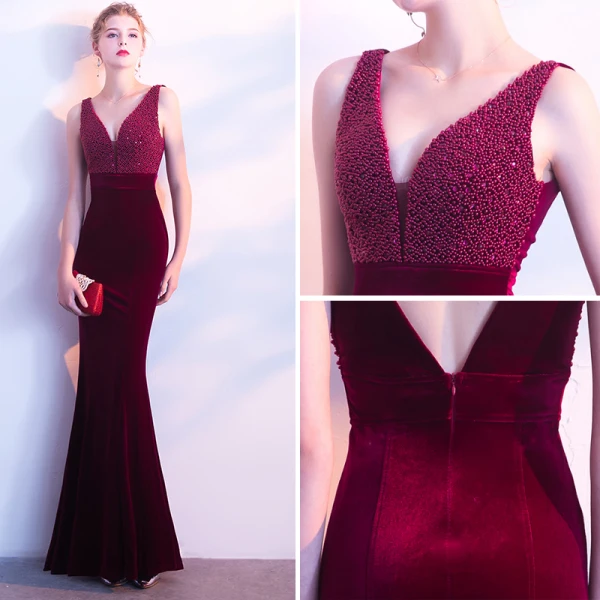Amazing / Unique Burgundy Evening Dresses 2018 Trumpet / Mermaid V-Neck Beading Appliques Backless Evening Party Formal Dresses