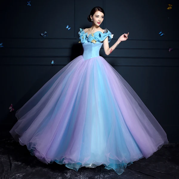 Cinderella Pool Blue Ball Gown Prom Dresses 2017 Tulle U-Neck Lilac Butterfly Backless
