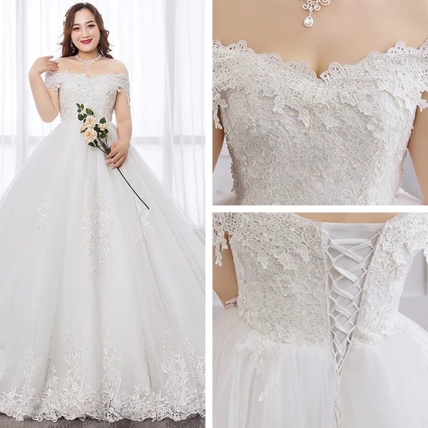 Modest / Simple White Ball Gown Plus Size Wedding Dresses 2019 Lace Appliques Backless Embroidered Strapless Chapel Train Wedding