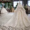 Chic / Beautiful Bling Bling Champagne Ball Gown Wedding Dresses 2020 High Neck 3D Lace Tulle Backless Beading Crystal Sequins Cathedral Train Glitter Wedding