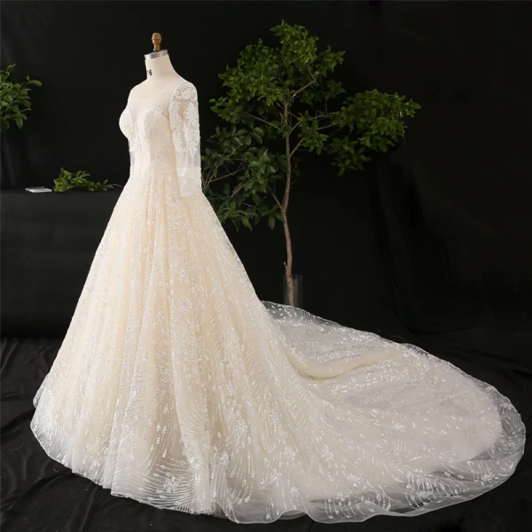 Luxury / Gorgeous Champagne Ball Gown Wedding Dresses 2021 Crossed Straps U-Neck Long Sleeve Lace Tulle Appliques Backless Beading Pearl Sequins Cathedral Train Wedding