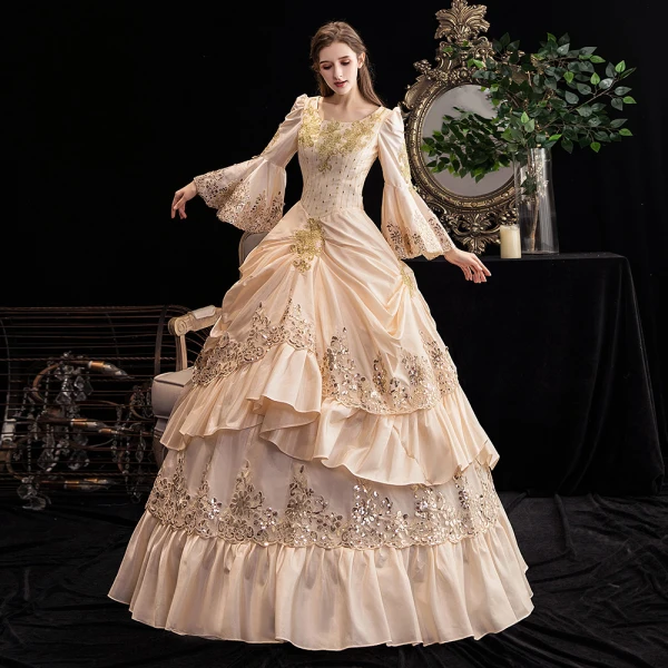 Vintage / Retro Luxury / Gorgeous Medieval Champagne Formal Dresses 2021 Long Sleeve U-Neck Floor-Length / Long 3D Lace Beading Sequins Cosplay Prom Ball Gown Prom Dresses