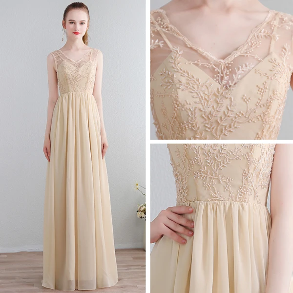 Charming Sexy Floor-Length / Long Champagne Evening Dresses 2018 Zipper Up V-Neck Chiffon Lace-up Appliques Backless Beading Formal Dresses