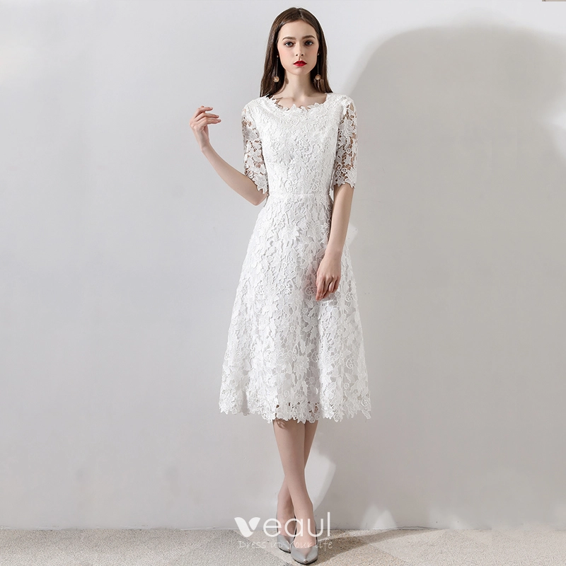 Chic / Beautiful White Wedding 2018 A-Line / Princess U-Neck Lace-up 1/2 Sleeves Zipper Up Short Wedding Dresses
