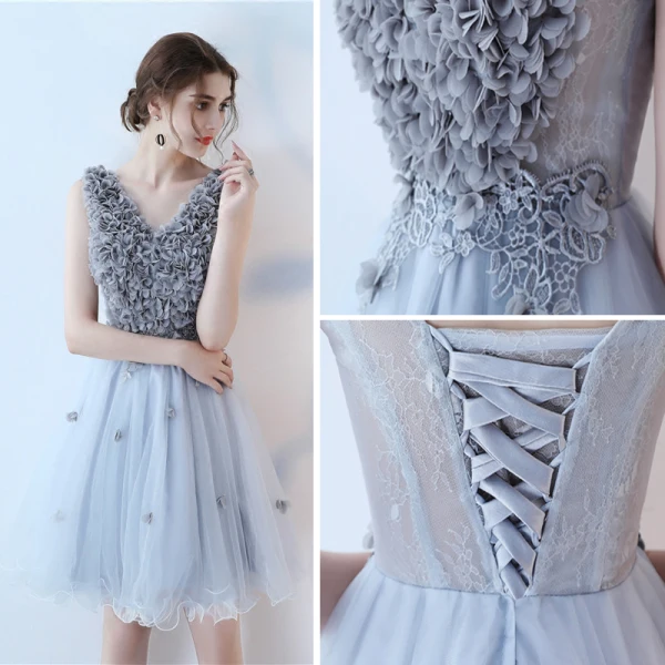 Modern / Fashion 2017 Ink Blue Graduation Dresses V-Neck Lace Appliques Backless Pierced Homecoming A-Line / Princess Party Dresses