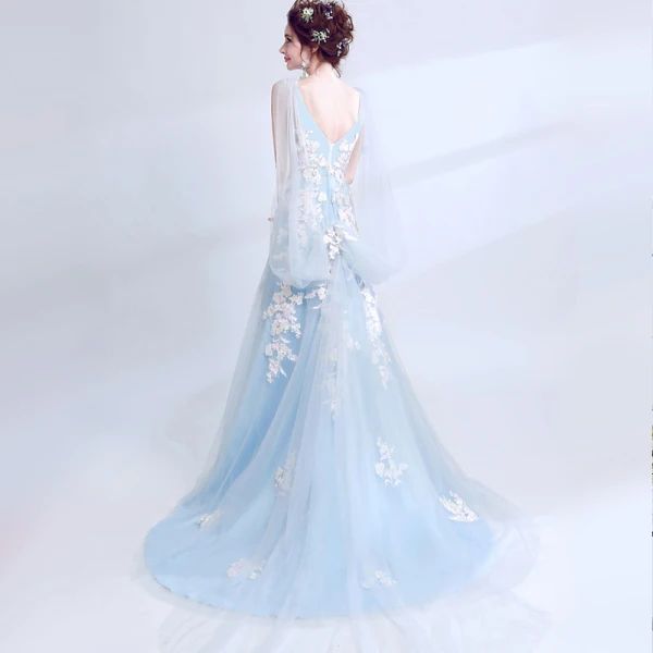 Chic / Beautiful Sky Blue Evening Dresses  2017 A-Line / Princess U-Neck Appliques Backless Embroidered Tulle Evening Party Prom Dresses