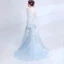 Chic / Beautiful Sky Blue Evening Dresses  2017 A-Line / Princess U-Neck Appliques Backless Embroidered Tulle Evening Party Prom Dresses
