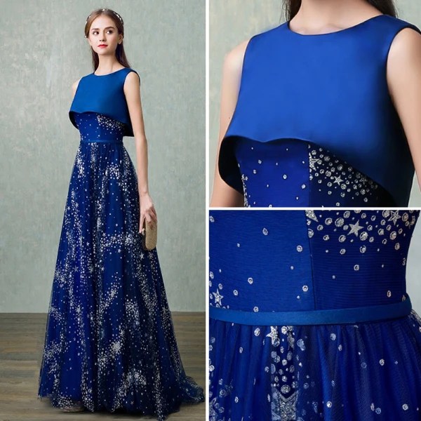 Chic / Beautiful Sparkly Royal Blue Evening Dresses 2017 A-Line / Princess U-Neck Lace Backless Glitter Sequins Chiffon Bling Bling Homecoming Evening Party Prom Dresses