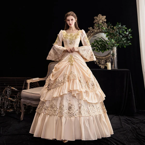 Vintage Retro Luxury Gorgeous Medieval Champagne Formal Dresses 2021 Long Sleeve U-Neck