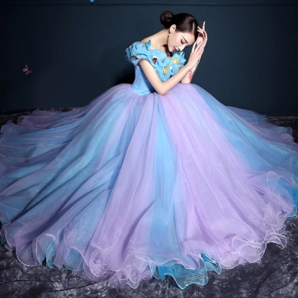 Cinderella Pool Blue Ball Gown Prom Dresses 2017 Tulle U-Neck Lilac Butterfly Backless Prom Formal Dresses