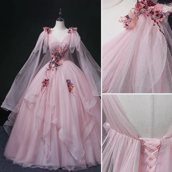Elegant Blushing Pink Sequins Prom Dresses 2022 Ball Gown V-Neck Sleeveless Backless Floor-Length / Long Formal Dresses