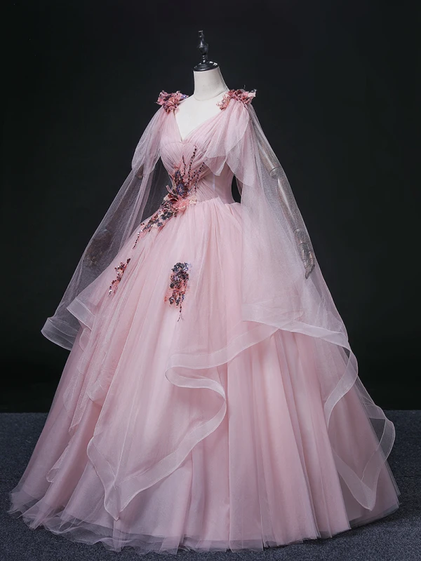 Elegant Blushing Pink Sequins Prom Dresses 2022 Ball Gown V-Neck Sleeveless Backless Floor-Length / Long Formal Dresses