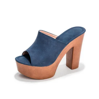 Sexy Bleu Marine Vêtement De Rue Sandales Femme Talons Hauts 2022 9 Cm Talons Épais Peep Toes Bout Ouvert Sandales