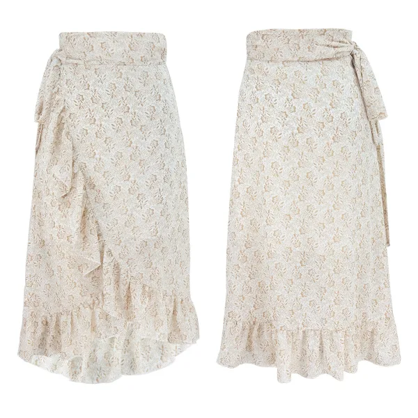 Haute Basse Rose Sombre Femme Mi-longue Florale Jupes 2021 Plage Laçage Été Asymétrique Bottoms