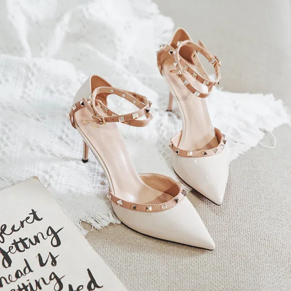 Charmant Rot Abend Niet Sandalen Damen 2023 8 cm Stilettos Knöchelriemen Spitzschuh Sandaletten Hochhackige