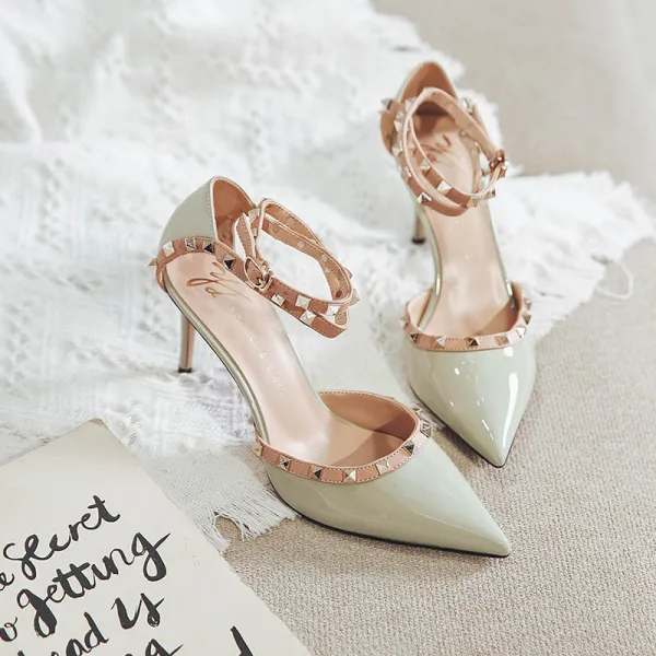 Charmant Rot Abend Niet Sandalen Damen 2023 8 cm Stilettos Knöchelriemen Spitzschuh Sandaletten Hochhackige