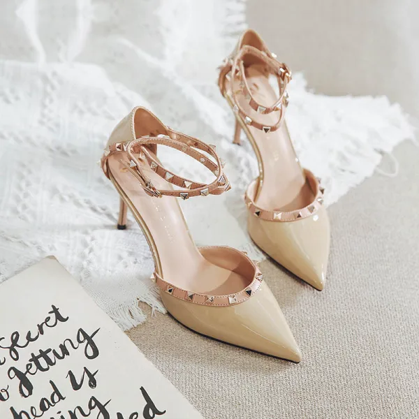 Charmant Rot Abend Niet Sandalen Damen 2023 8 cm Stilettos Knöchelriemen Spitzschuh Sandaletten Hochhackige
