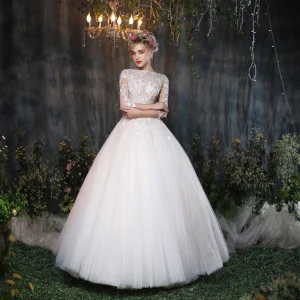 Classic Hall Wedding Dresses 2017 White Ball Gown Floor Length Long Square Neckline 3 4 Sleeve Backless Lace Flower Appliques