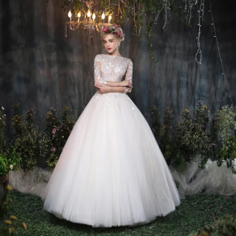Classique Salle Robe De Mariée 2017 Blanche Robe Boule Longue Encolure Carrée 3 4 Manches Dos Nu En Dentelle Fleur Appliques