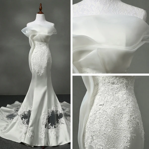 Élégant Église Salle Robe De Mariée 2017 Trompette / Sirène Cathedral Train Bustier Sans Manches Dos Nu En Dentelle Appliques