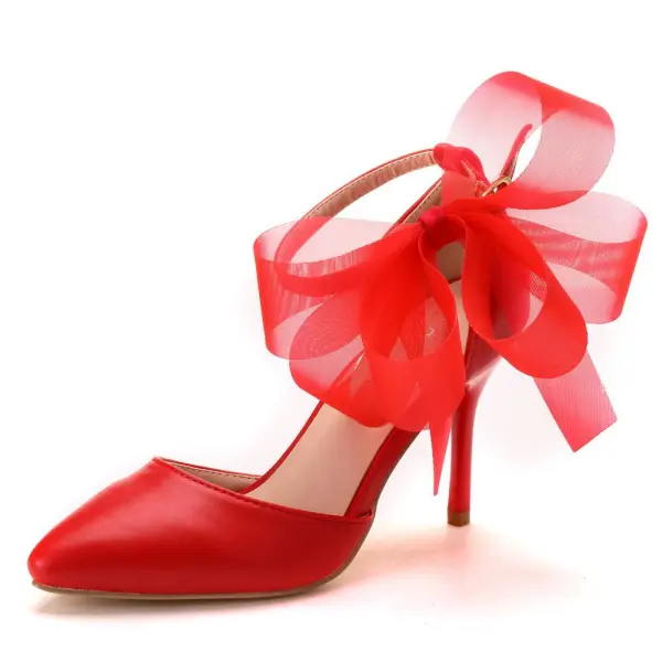 Chic / Beautiful White Bow Pointed Toe Prom Womens Sandals 2025 Ankle Strap 9 cm Stiletto Heels Womens Shoes High Heels