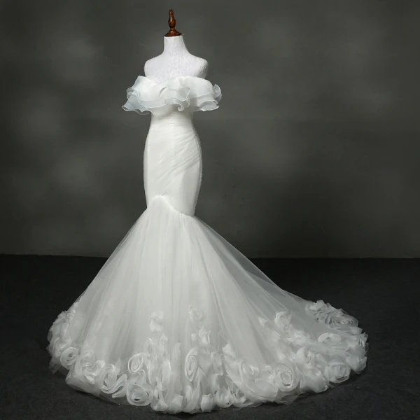 Chic / Beautiful Church Hall Wedding Dresses 2017 Chapel Train White Trumpet / Mermaid Strapless Sleeveless Backless Cascading Ruffles Appliques Flower