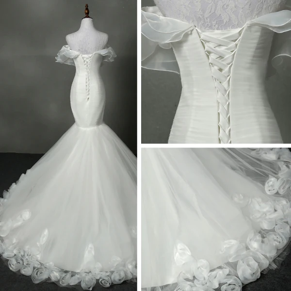 Chic / Beautiful Church Hall Wedding Dresses 2017 Chapel Train White Trumpet / Mermaid Strapless Sleeveless Backless Cascading Ruffles Appliques Flower