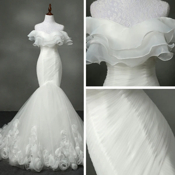 Chic / Beautiful Church Hall Wedding Dresses 2017 Chapel Train White Trumpet / Mermaid Strapless Sleeveless Backless Cascading Ruffles Appliques Flower