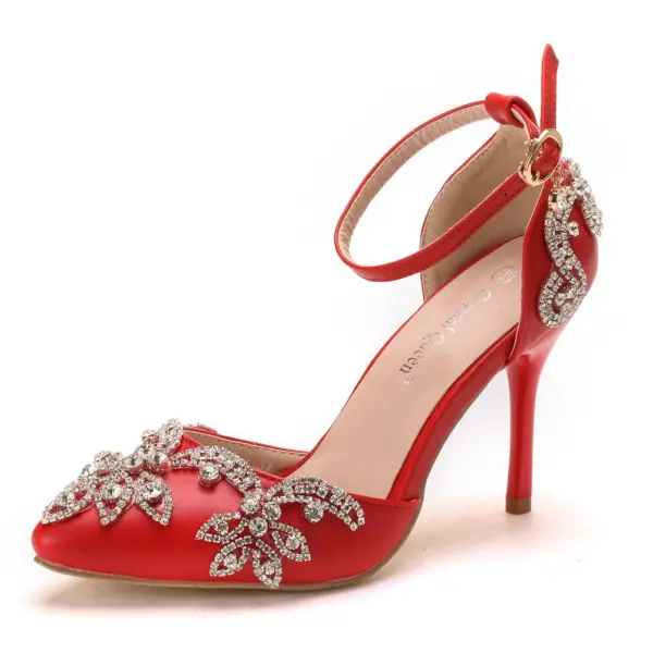 Schöne Weiß Strass Brautschuhe 2026 Knöchelriemen 9 cm Stilettos Spitzschuh Hochzeit Hochhackige