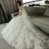 Chic / Beautiful Church Wedding Dresses 2017 White A-Line / Princess Cathedral Train Off-The-Shoulder Short Sleeve Backless Feather Flower Appliques
