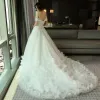 Chic / Beautiful Church Wedding Dresses 2017 White A-Line / Princess Cathedral Train Off-The-Shoulder Short Sleeve Backless Feather Flower Appliques