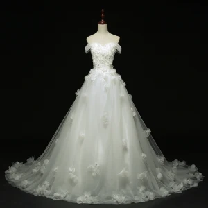Chic Beautiful Church Wedding Dresses 2017 White Ball Gown Cathedral Train Off The Shoulder Short Sleeve Backless Lace Appliques Flower Sequins Rhinestone Pearl