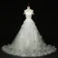 Chic / Beautiful Church Wedding Dresses 2017 White Ball Gown Cathedral Train Off-The-Shoulder Short Sleeve Backless Lace Appliques Flower Sequins Rhinestone Pearl