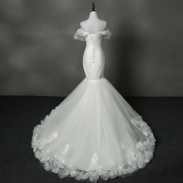 Chic / Beautiful Church Hall Wedding Dresses 2017 Chapel Train White Trumpet / Mermaid Strapless Sleeveless Backless Cascading Ruffles Appliques Flower