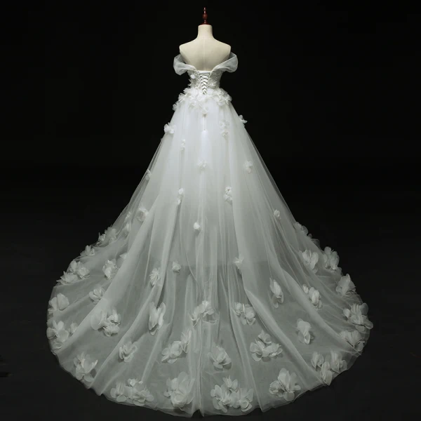 Chic / Beautiful Church Wedding Dresses 2017 White Ball Gown Cathedral Train Off-The-Shoulder Short Sleeve Backless Lace Appliques Flower Sequins Rhinestone Pearl