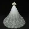 Chic / Beautiful Church Wedding Dresses 2017 White Ball Gown Cathedral Train Off-The-Shoulder Short Sleeve Backless Lace Appliques Flower Sequins Rhinestone Pearl